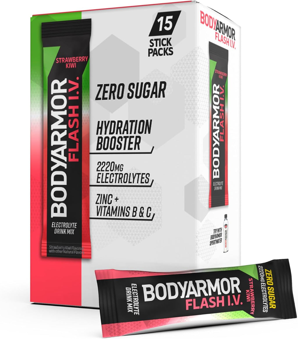 BODYARMOR Flash IV Electrolyte Packets, Strawberry Kiwi - Zero Sugar Drink Mix, Single Serve Packs, Coconut Water Powder (15 Count)