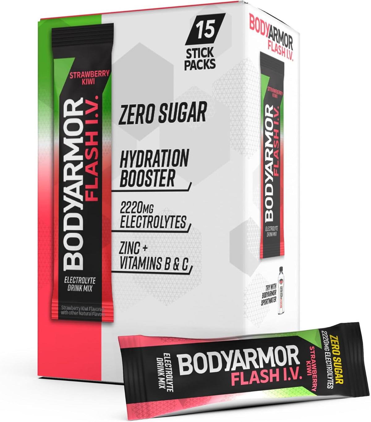 BODYARMOR Flash IV Electrolyte Packets, Strawberry Kiwi - Zero Sugar Drink Mix, Single Serve Packs, Coconut Water Powder (15 Count)