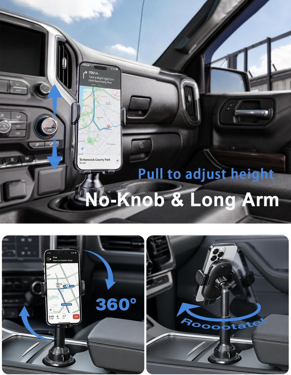LISEN Cup Holder Phone Holder [No Shaking] Phone Holder for Car, 360° Adjustable iPhone Holder Car Accessories for Women Truck Jeep Golf for iPhone 17 Pro Max 16 15 14 Samsung S25 All 4-7'' Phone