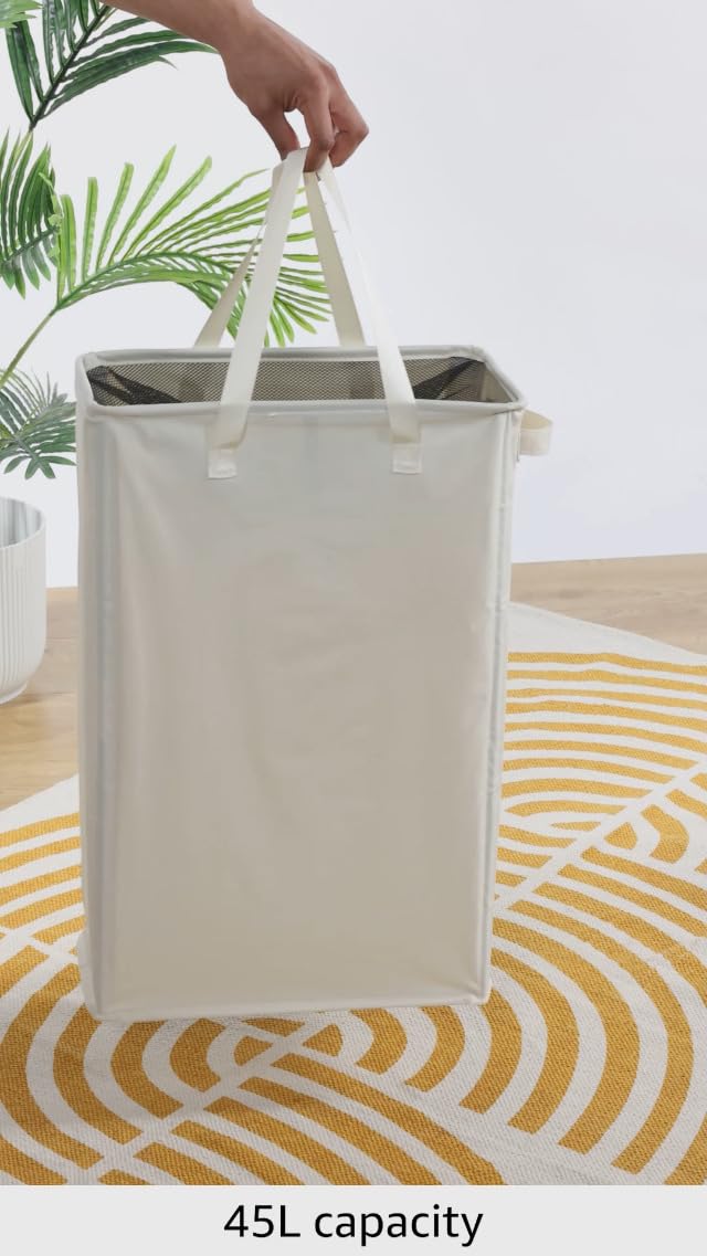 Odonata Slim Laundry Hamper Handles Collapsible Laundry Basket Thin Dirty Clothes Basket Narrow Laundry Bag Foldable Dirty Hamper 45L (Beige)