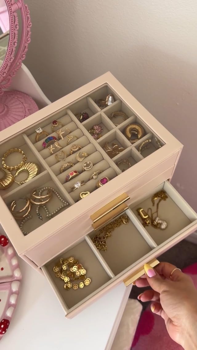 VLANDO Jewelry Box Organizer, 3-Layer Storage Drawers, Glass Window, Modern