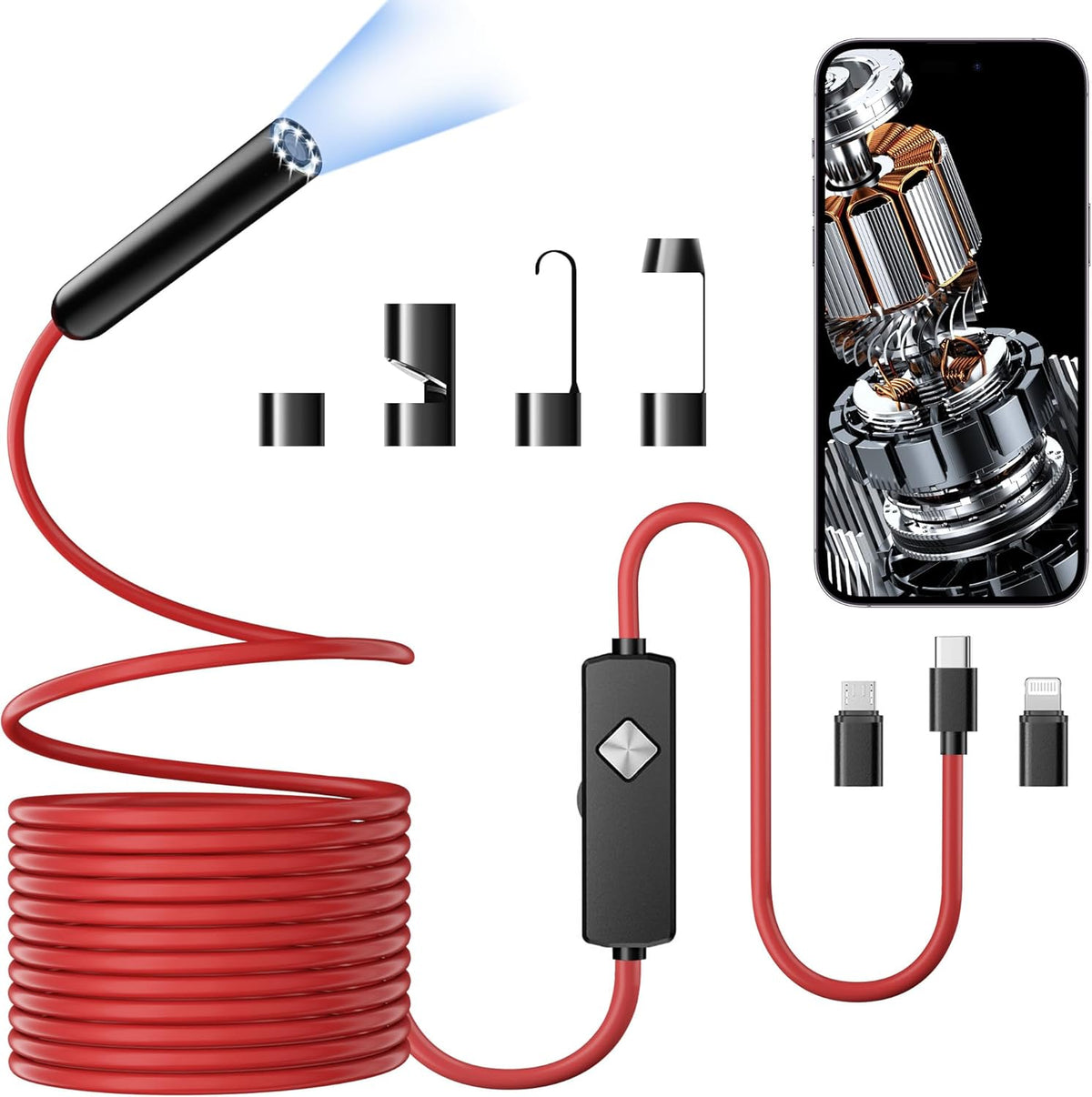 Endoscope with Light, 1920P HD Borescope with 8 Adjustable LED Lights, Semi-Rigid Snake Camera, IP67 Waterproof Inspection Tool (16.4ft, Black + Dual Lens Wiring Harness)