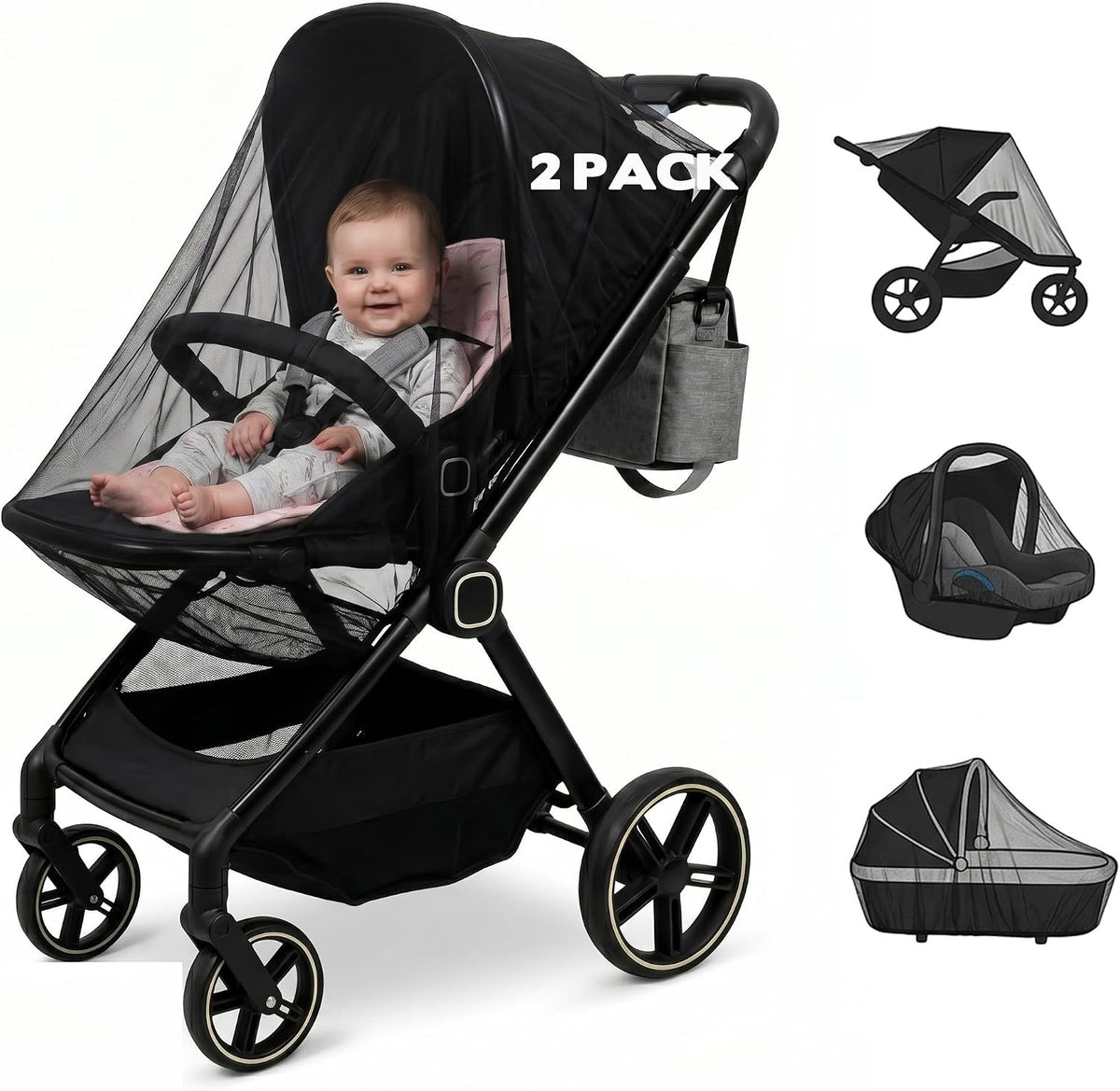 2 Pack Universal Baby Mosquito Net Cover for Stroller Car Seat Bassinet Infant Bug Mesh Netting Screen Crib Carrier Carriage
