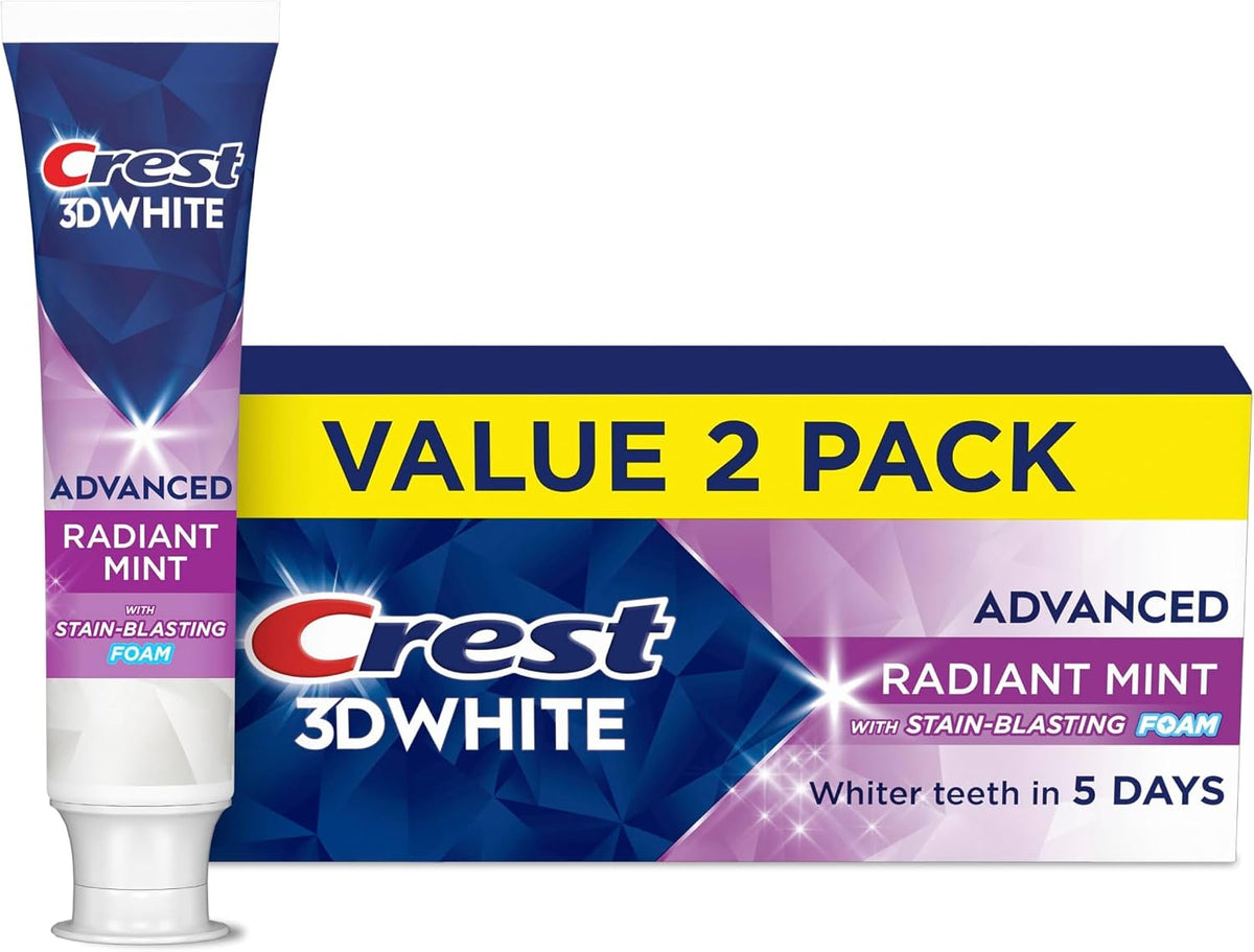 Crest 3D White Advanced Teeth Whitening Toothpaste, Radiant Mint, 3.3 oz, Pack of 2