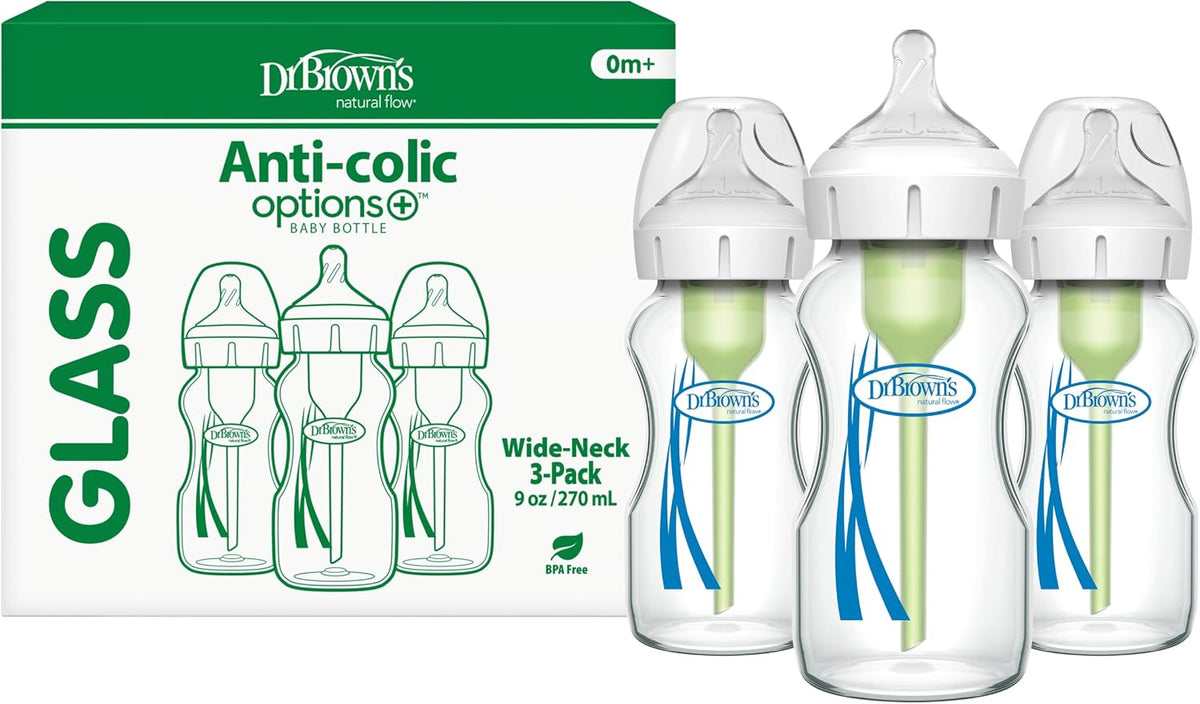 Dr. Brown's Anti-Colic Options+ Wide-Neck Glass Baby Bottle, 5 oz, 3-Pack