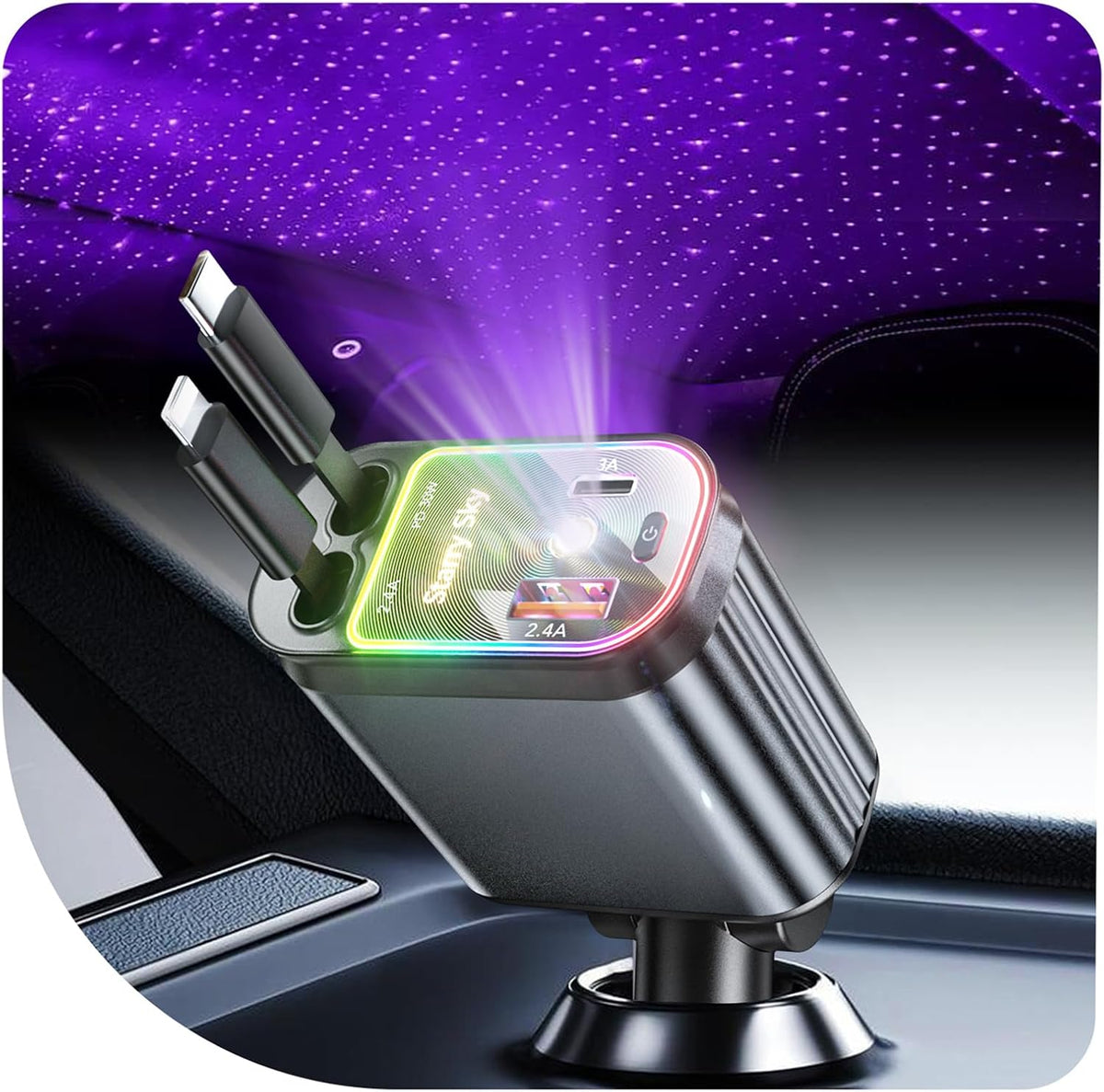 Retractable Car Charger,75W Car Phone Charger USB C Fast Charge for iPhone