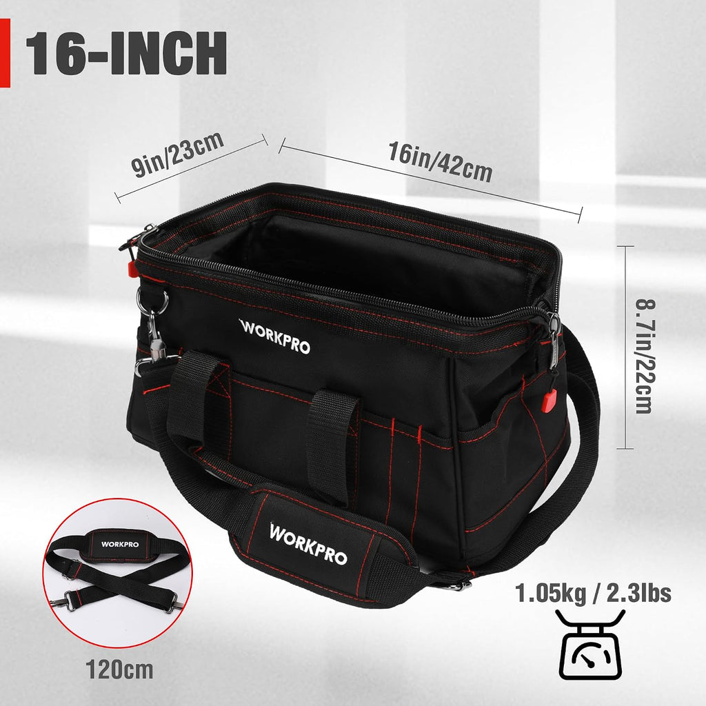 WORKPRO 16-inch Close Top Wide Mouth Tool Storage Bag with Water Proof Rubber Base, W081022A, 16"