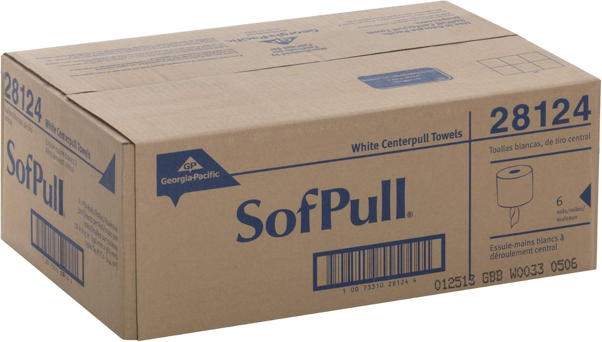 Georgia-Pacific SofPull Centerpull Regular Premium Towel Dispenser Refills, Commercial Paper Towels, 324 Sheets Per Roll, 6 Rolls Per Case, White, 28124