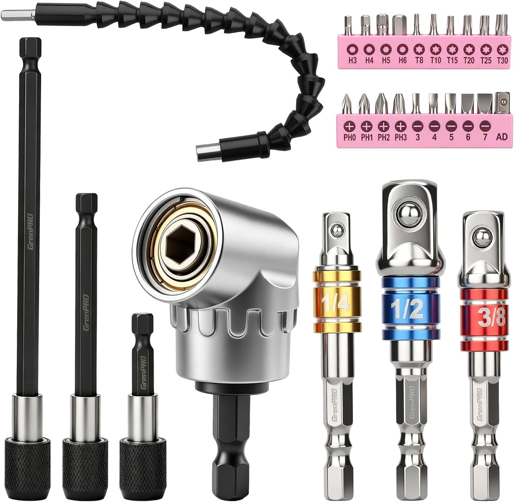 GRENPRO 19-Piece Flexible Drill Bit Extension Kit, 2 Right Angle Adapters