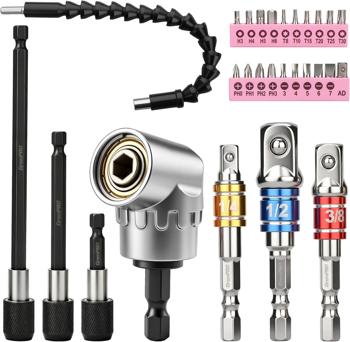 GRENPRO 19-Piece Flexible Drill Bit Extension Kit, 2 Right Angle Adapters