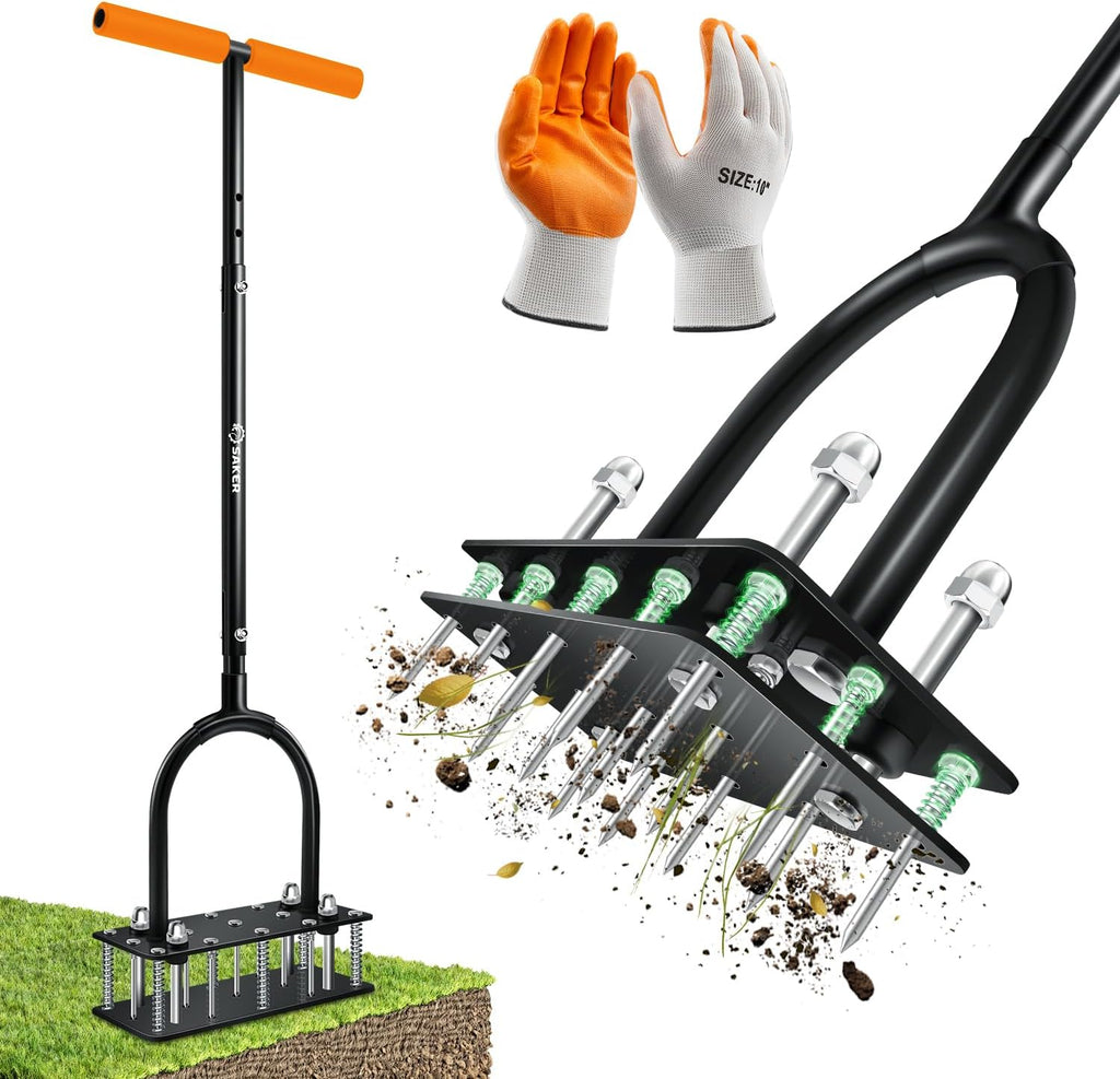 Saker Manual Lawn Aerator Tool with 15 Iron Spikes Black