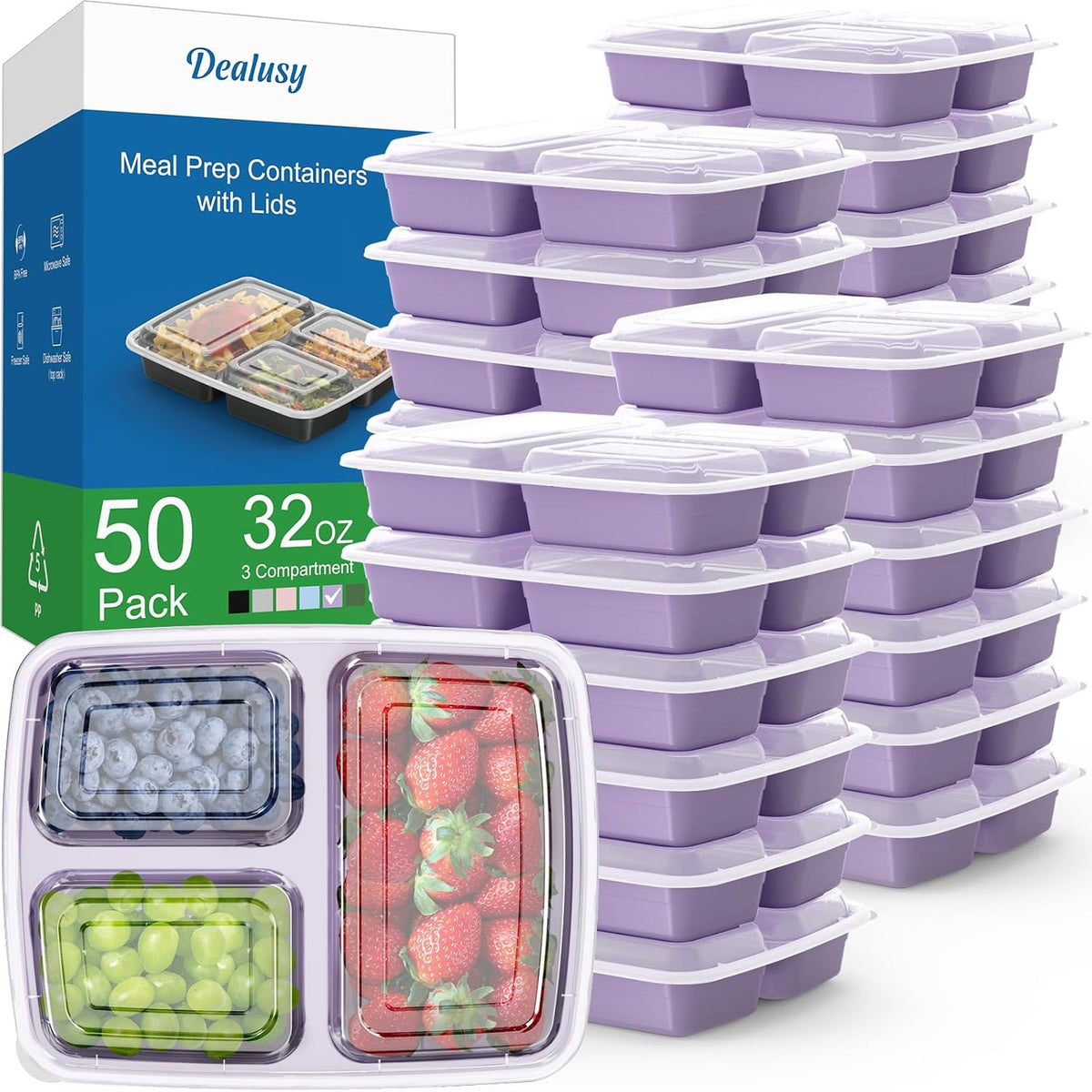 Dealusy 50 Pack 32 oz Meal Prep Containers with Lids 3-Compartment, Black