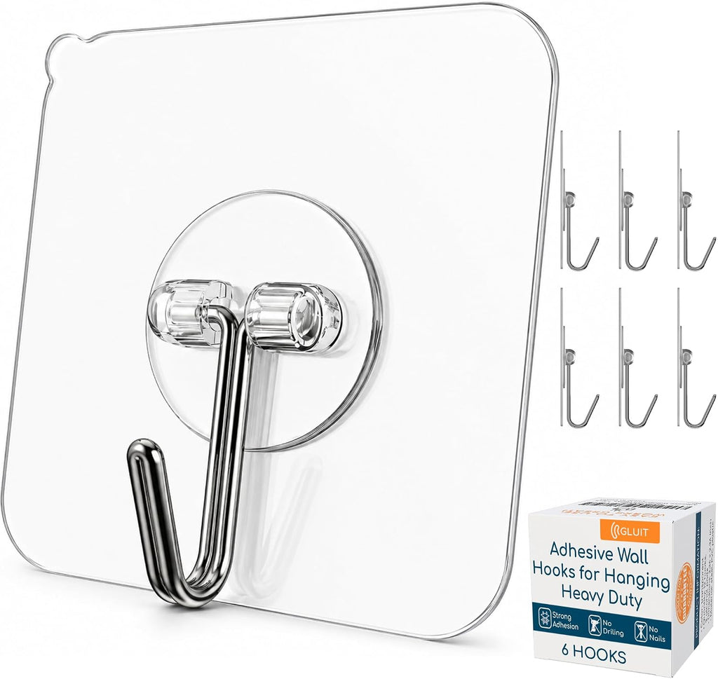 GLUIT Adhesive Wall Hooks for Hanging Heavy Duty No Drill, 22 lbs, 12 pcs