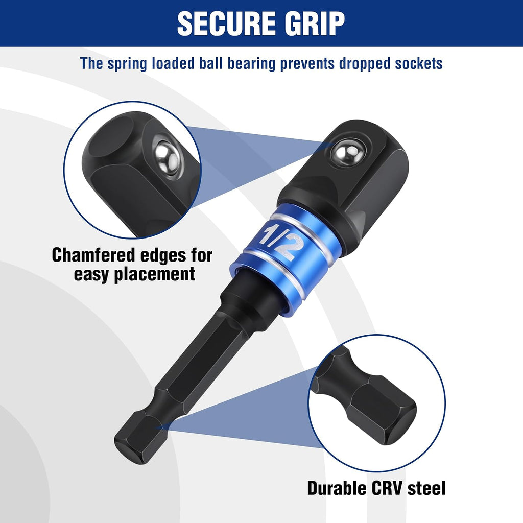 WORKPRO Impact Grade Socket Adapter Set, 1/4", 3/8", & 1/2" Drive, Extension Driver Bit With Holder, for Power Drill to High Torque Impact Wrench, 3PCS