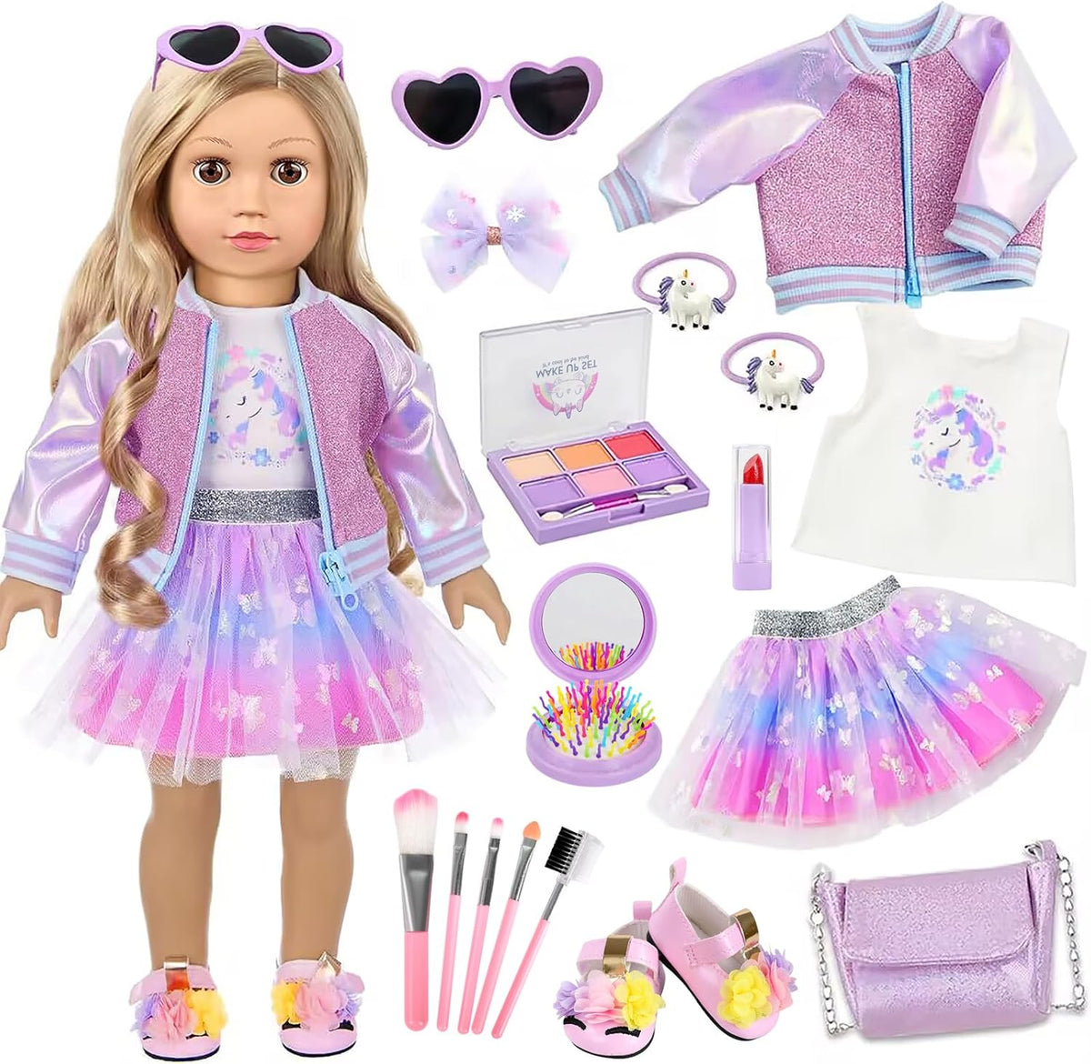 ZQDOLL American 18 Inch Doll Makeup Accessories and Clothes Set (No Dolls)