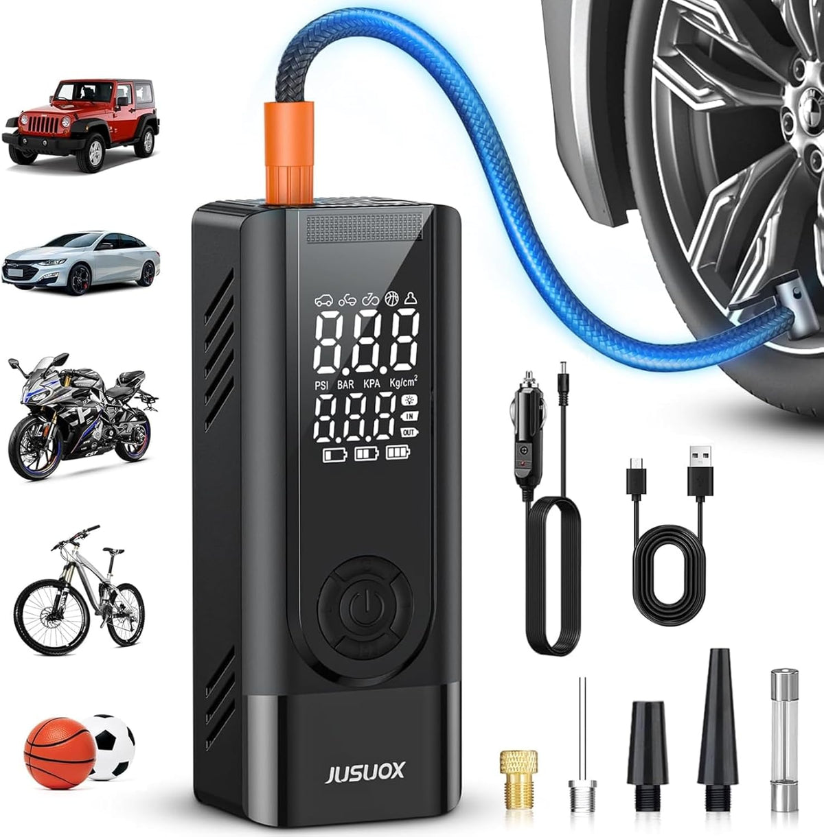 JUSUOX Tire Inflator Portable Air Compressor, Dual Power Air Pump