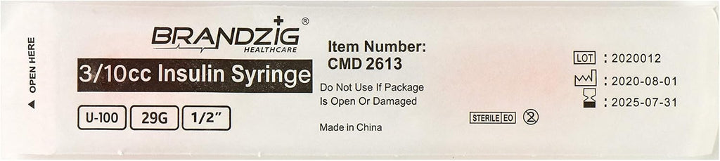Brandzig U-100 Pet Insulin Syringes 29G 3/10cc, 1/2" 100-Pack