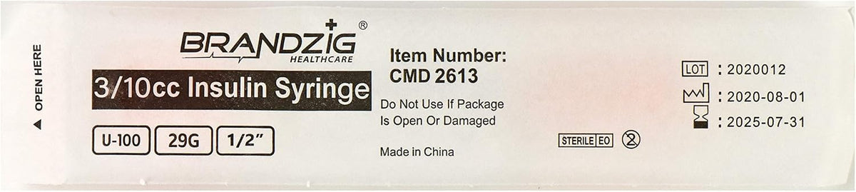 Brandzig U-100 Pet Insulin Syringes 29G 3/10cc, 1/2" 100-Pack