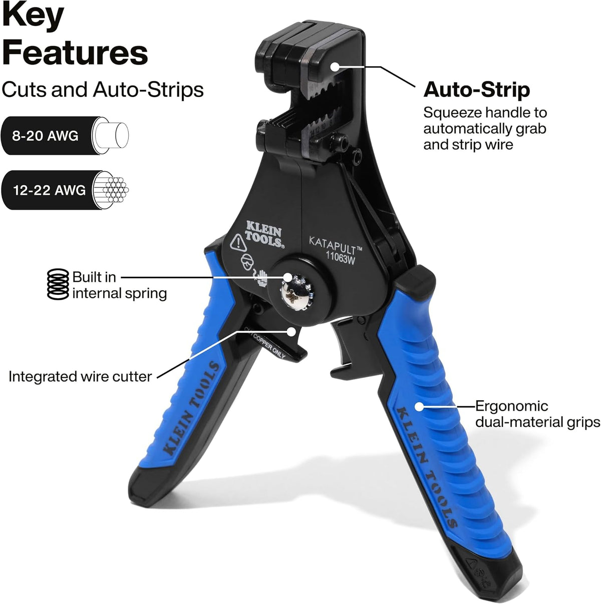 Klein Tools 11063W Wire Cutter/Stripper, Heavy Duty Automatic Tool for 8-20 AWG Solid and 10-22 AWG Stranded Electrical Wire