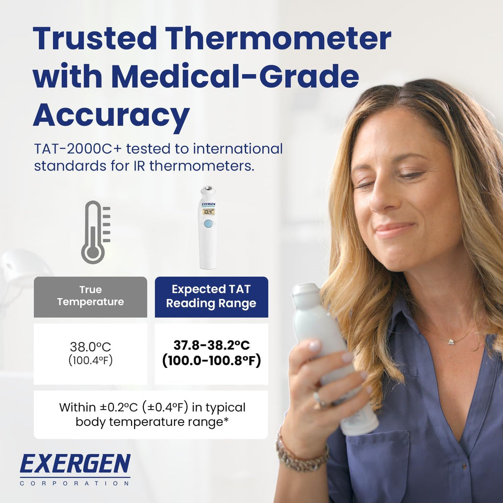 Exergen TAT-2000C+ Temporal Artery Thermometer, White, 9V Included