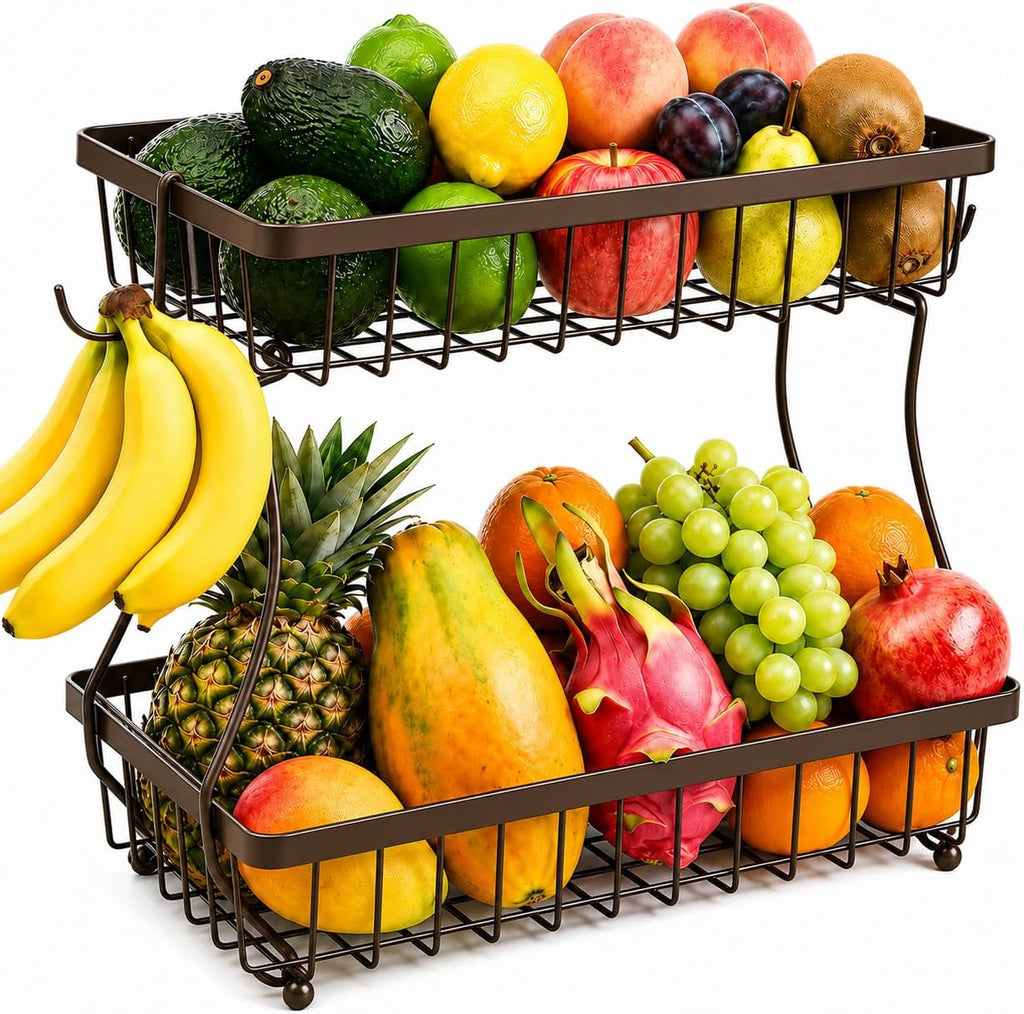 2-Tier Fruit Basket for Kitchen Counter with 2 Banana Hangers