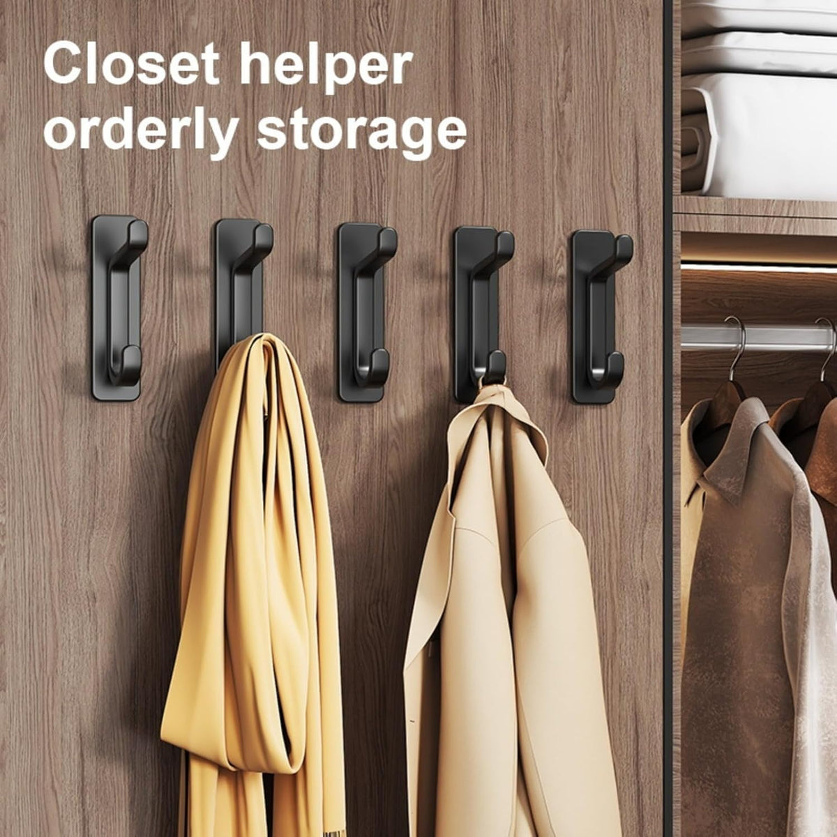 5-Pack Heavy-Duty Adhesive Wall Hooks – 22lb No-Drill Storage Solution for Kitchen, Bathroom & More - Black