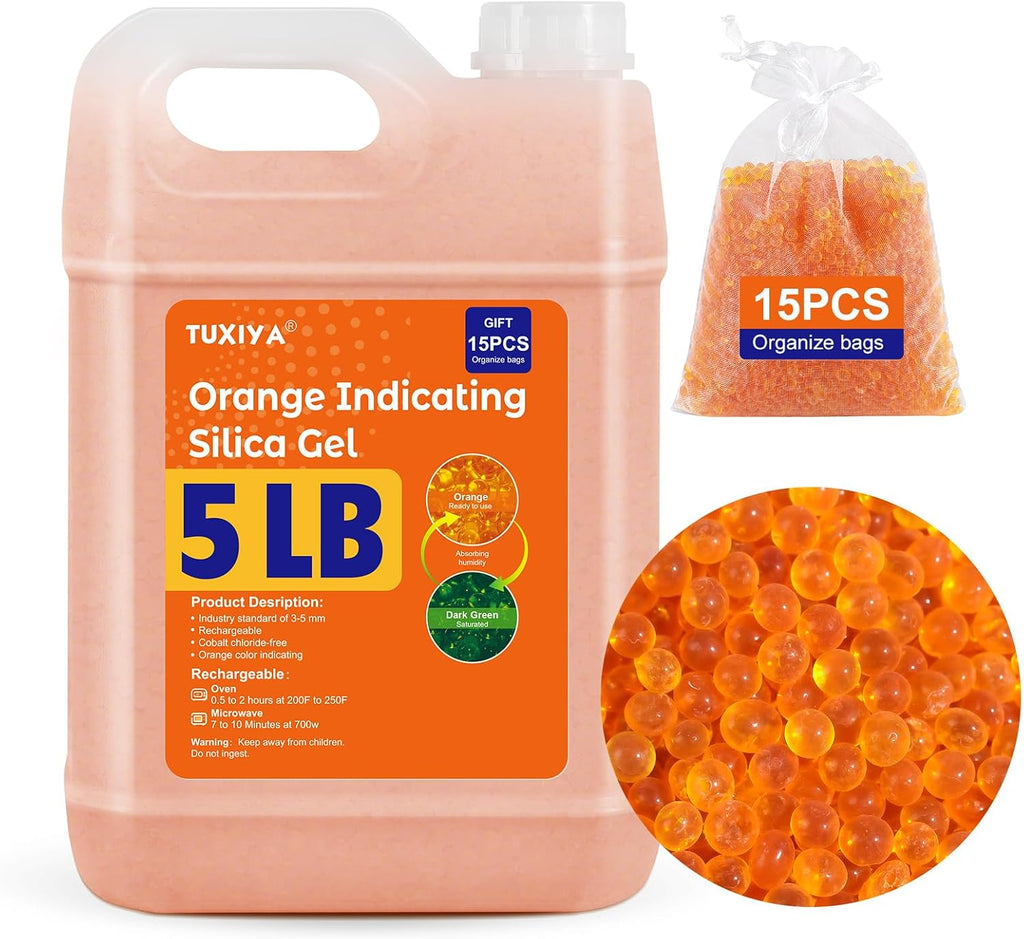 TUXIYA 5 LBS Orange Indicating Silica Gel Desiccant Beads Reusable