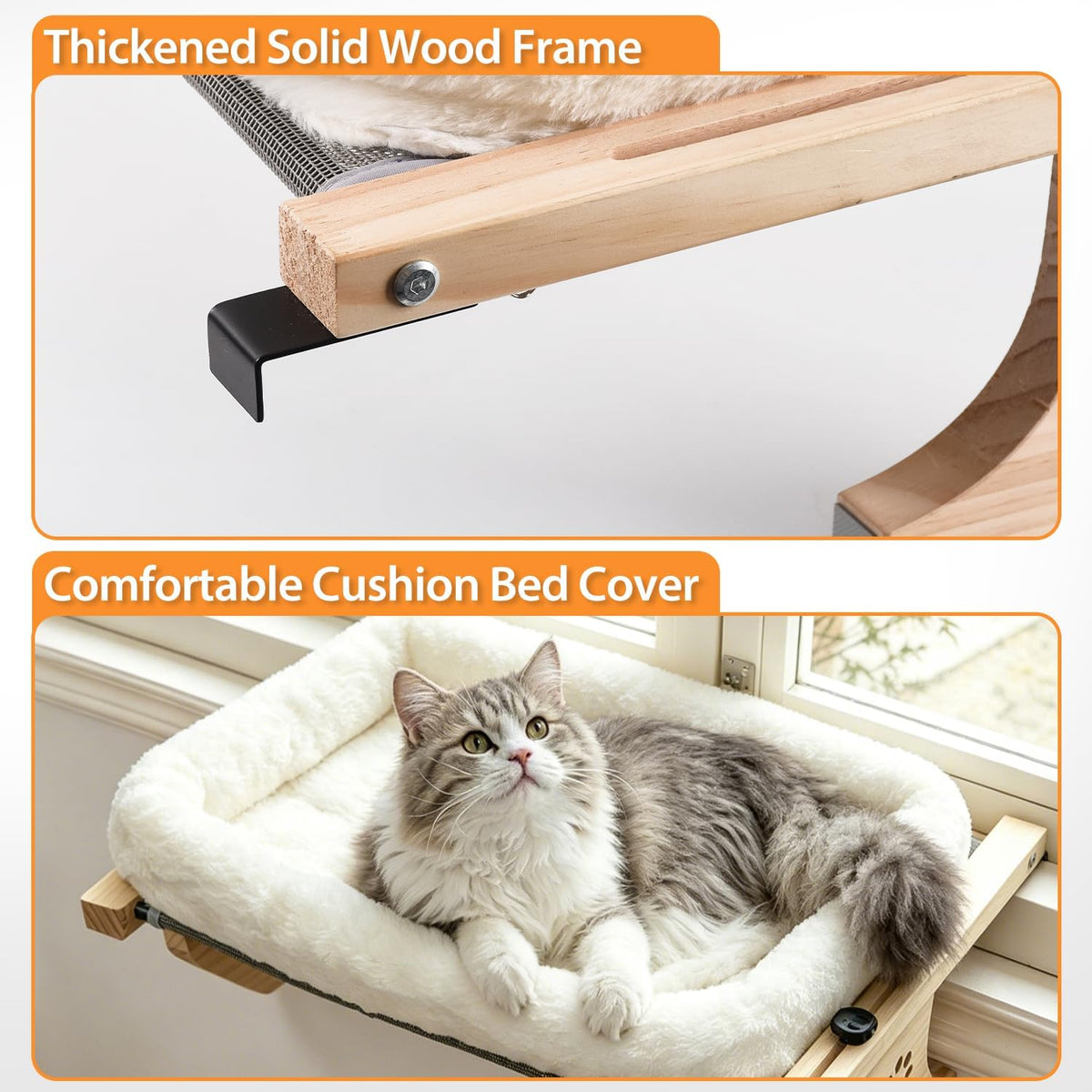 AMOSIJOY Wooden Cat Windowsill Perch with Zipper Cushion Bed, 21.7in