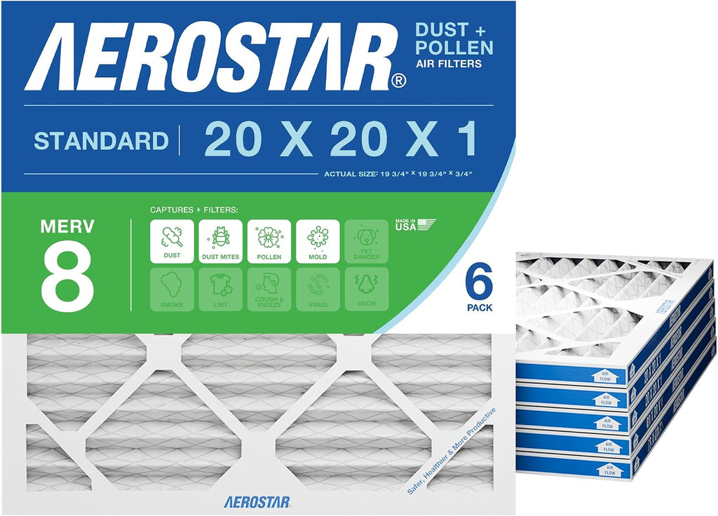 Aerostar Air Filter 20x20x1 MERV 8 AC Filter, HVAC, Furnace Filter, 6 Pack