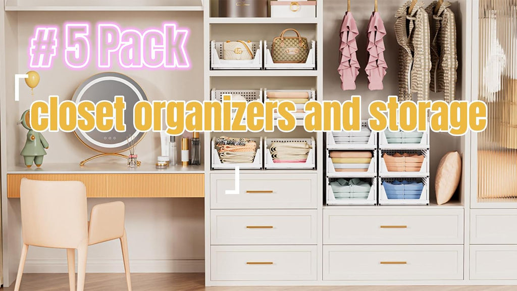SNSLXH 5 Pack Stackable Closet Organizer Box, Multifunctional & Foldable Closet Storage Basket for Bathroom Kitchen Laundry Room Wardrobe Storage, Space-Saving Clothes Storage Drawer Organizer, Pink