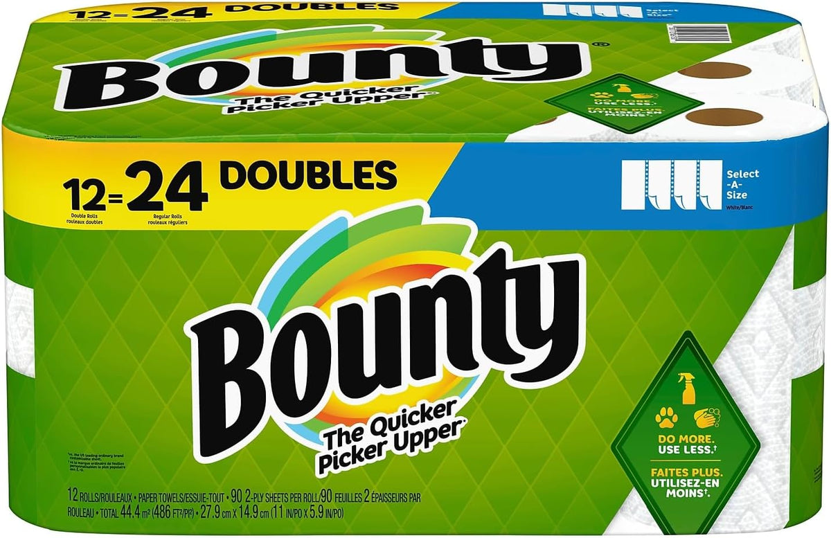 Bounty® Select-A-Size® Double 2-Ply Paper Towels, 98 Sheets Per Roll, Pack of 12 Rolls