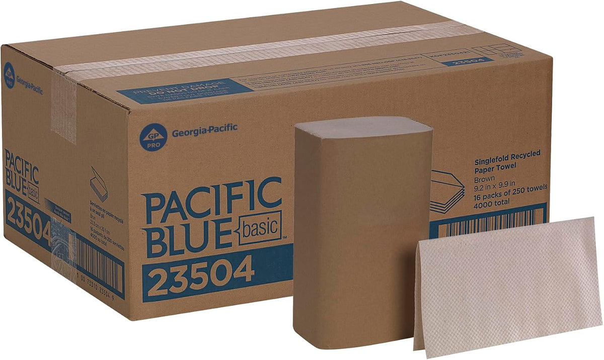 Pacific Blue Basic S-Fold Recycled Paper Towels by GP PRO (Georgia-Pacific), Brown, 23504, 250 Towels Per Pack, 16 Packs Per Case (4000 Total), 9.20" x 10.20