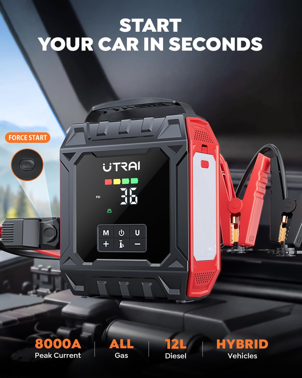 UTRAI 8000A Jump Starter with Air Compressor 160PSI for All Gas/12L Diesel