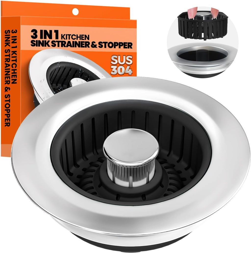 3 in 1 Kitchen Sink Drain Strainer and Stopper Silver 1 Pack