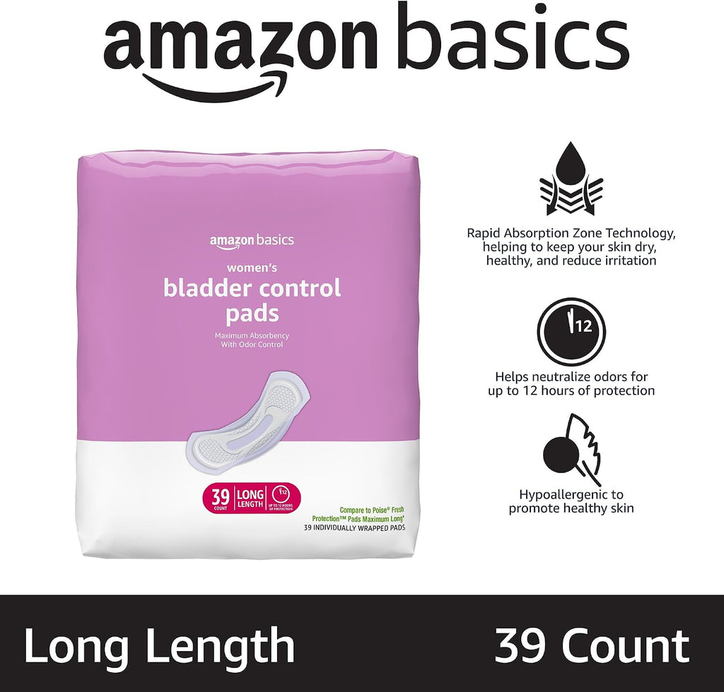 Amazon Basics Incontinence Pads for Women, Postpartum, Long, Maximum Absorbency, Bladder Control, Unscented, 39 Count, Packaging May Vary