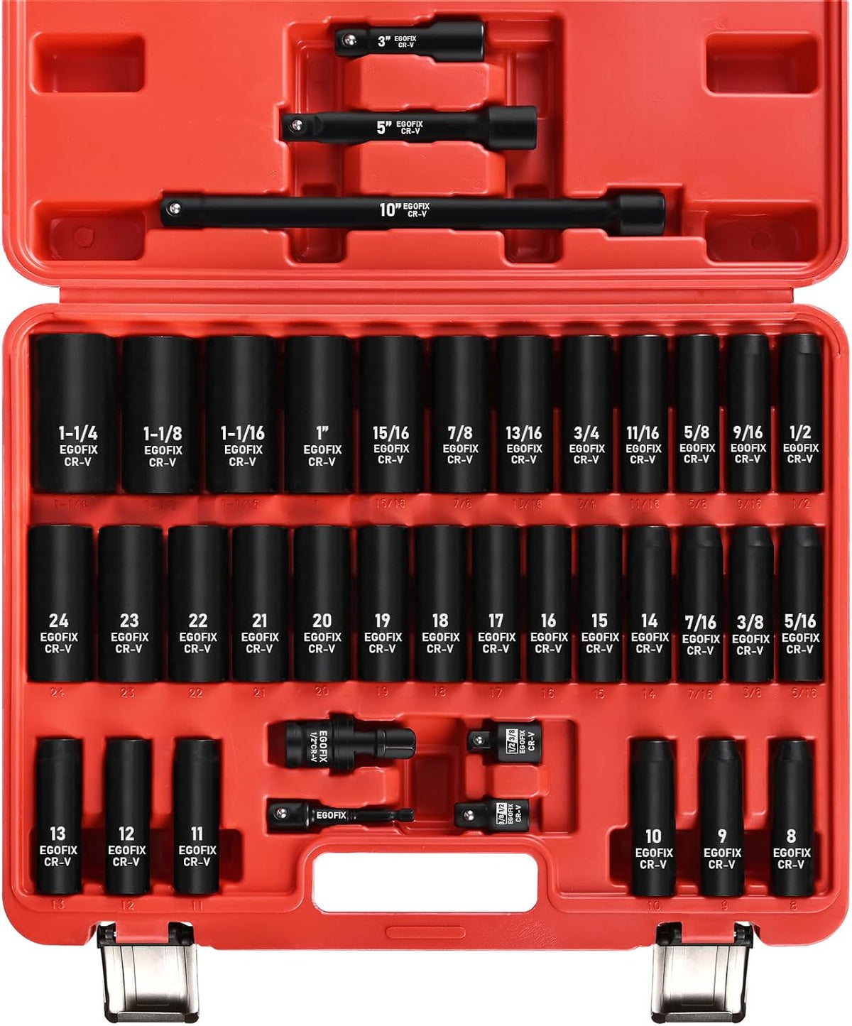 3/8" Drive Impact Socket Set, 50 Piece Standard SAE (5/16 to 3/4 inch) and Metric (8-22mm) 6 Point, with Adjustable Ratchet Handle, Extension Bars, Impact Universal Joint, Adapter, Cr-V Steel