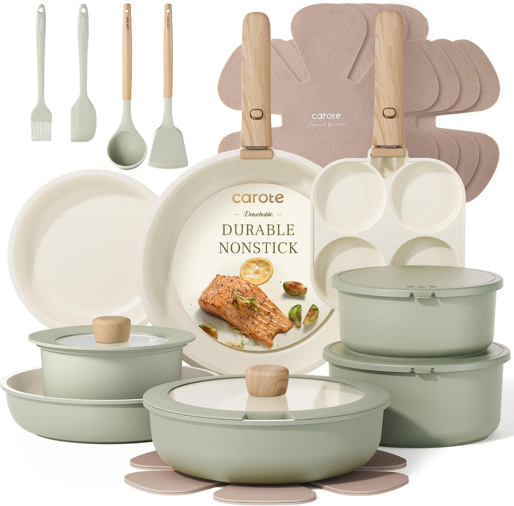 CAROTE 21pcs Pots and Pans Set, Nonstick Cookware Set Detachable Handle, Induction Kitchen Cookware Sets Non Stick with Removable Handle, RV Cookware Set, Oven Safe, Brown
