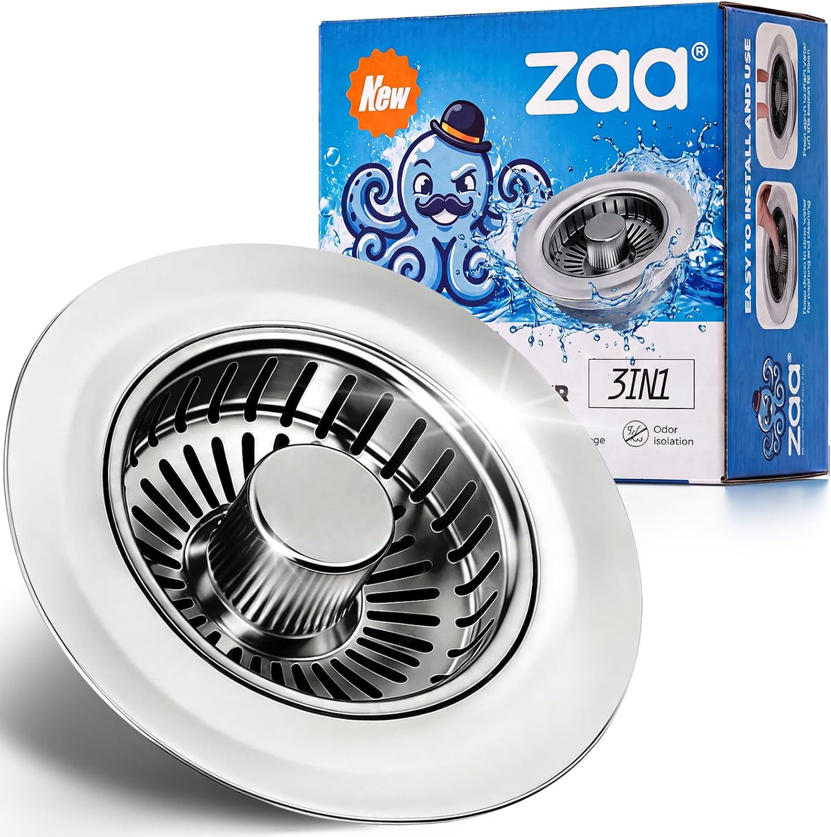 zaa 3 in 1 Kitchen Sink Drain Strainer Stopper Removable Basket Pop-Up