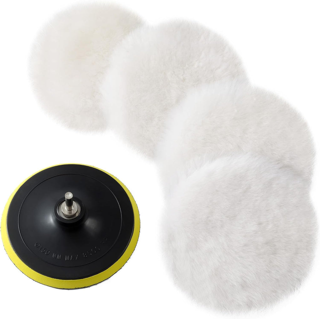 S SATC Wool Polishing Buffing Pad Set with 5PCS 3 Inch Wool Buffing Wheel for Drill, Hook and Loop Back Pad with M10 Drill Adapter, Compound Waxing and Polishing for Car Polisher