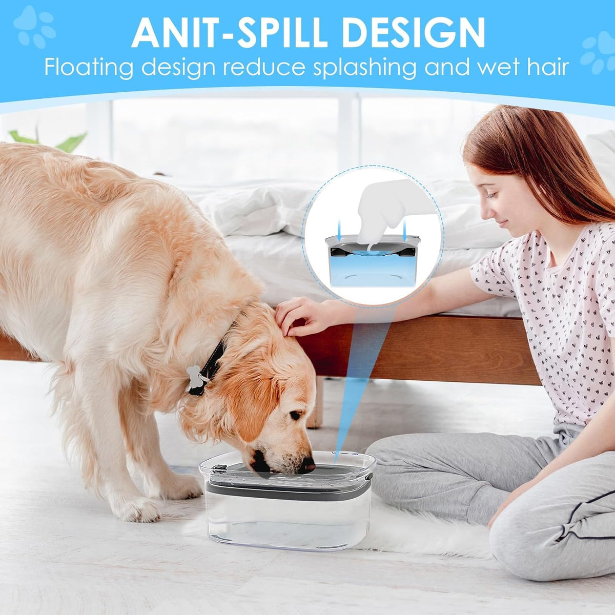 AONKEY 3L No Spill Dog Water Bowl with Slow Drinking Disk(Gray)
