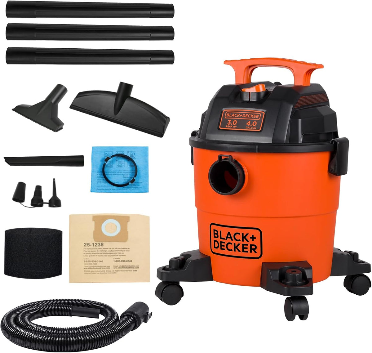 BLACK+DECKER Shop Vacuum Wet and Dry, Small Shop Vac with Accessories, 1 Gallon 1.5 Peak HP, Wall Mount Mini Vacuum for Garage, Home and Pet, 60CFM (BDXV18101P-1H)