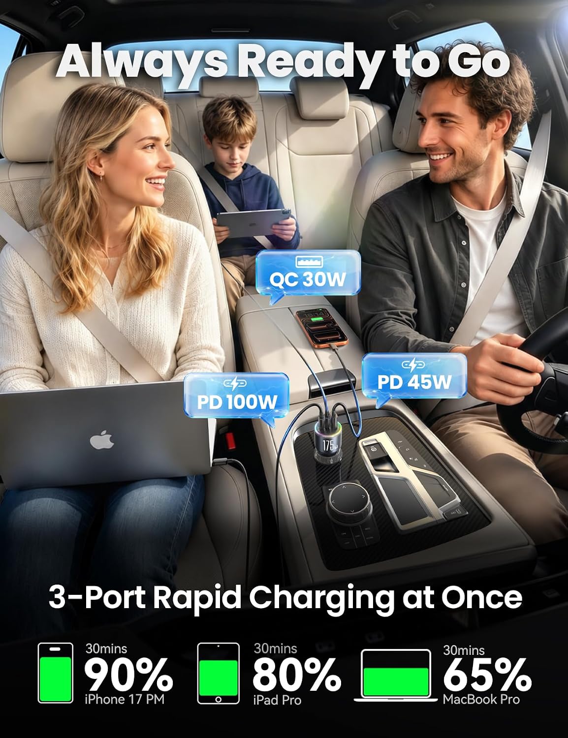 JOYROOM 175W Car Charger USB C Fast Charge, 3-Port Super Fast Car Charger