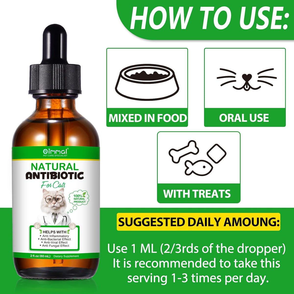 Antibiotics for Cats, Natural Antibiotic Pet Supplements Supports Immune & Cats Allergy Relief, Cat Multivitamin UTI Drops for All Ages & Breeds of Cat, Chicken Flavour - 2 Fl Oz / 1 Pack