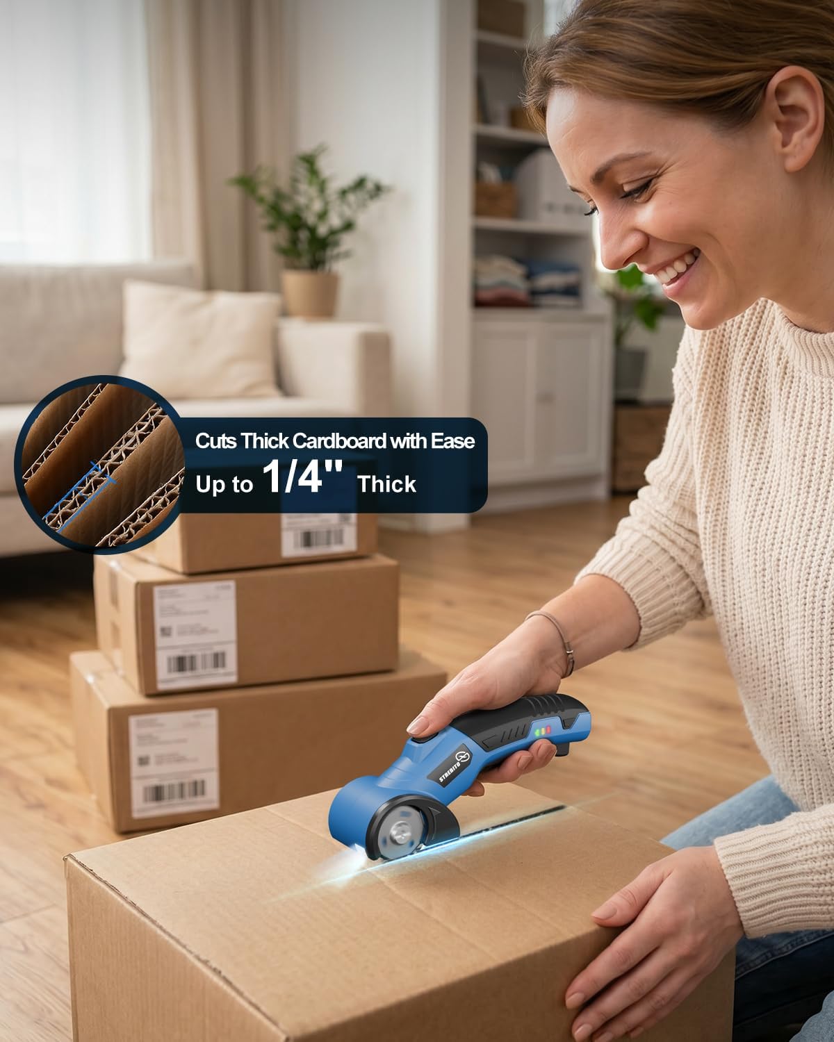 STREBITO Cordless Electric Scissors, 4V Electric Box Cutter for Cardboard