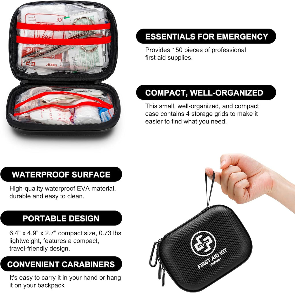 Mini First Aid Kit - 150 Piece Small Waterproof Hard Shell Medical Kit