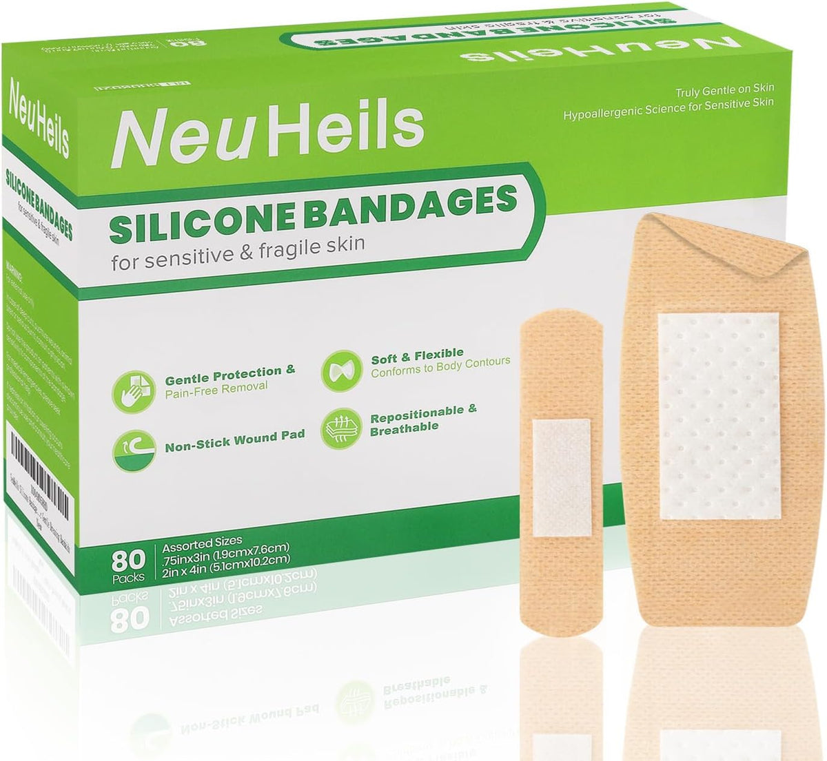 NeuHeils Silicone Bandages for Sensitive Skin, Large 2"x4", 40 Pack