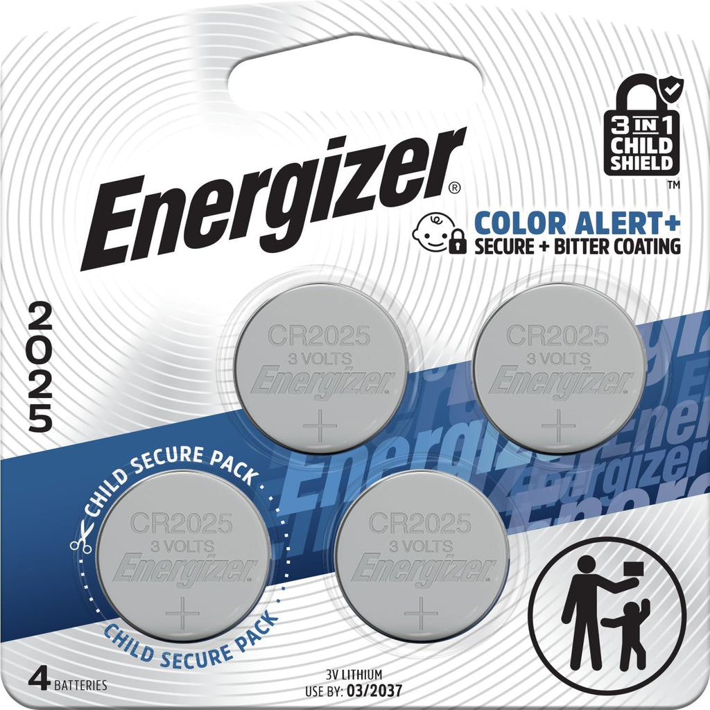 Energizer 2025 Batteries (4 Pack), 3V Lithium Coin Batteries With 3-in-1 Child Shield