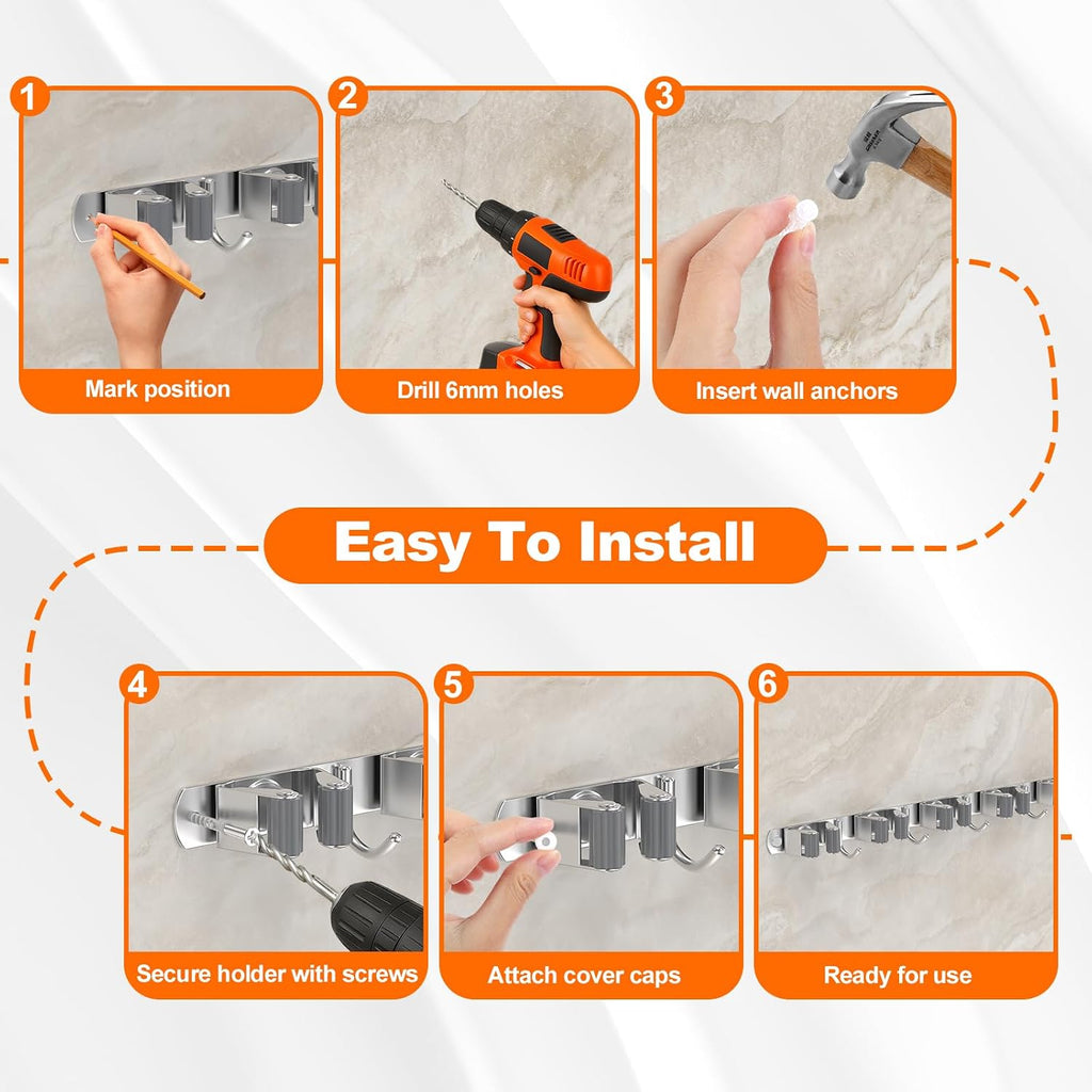 Broom Holder Wall Mount Mop Organizer, 5 Racks 4 Hooks