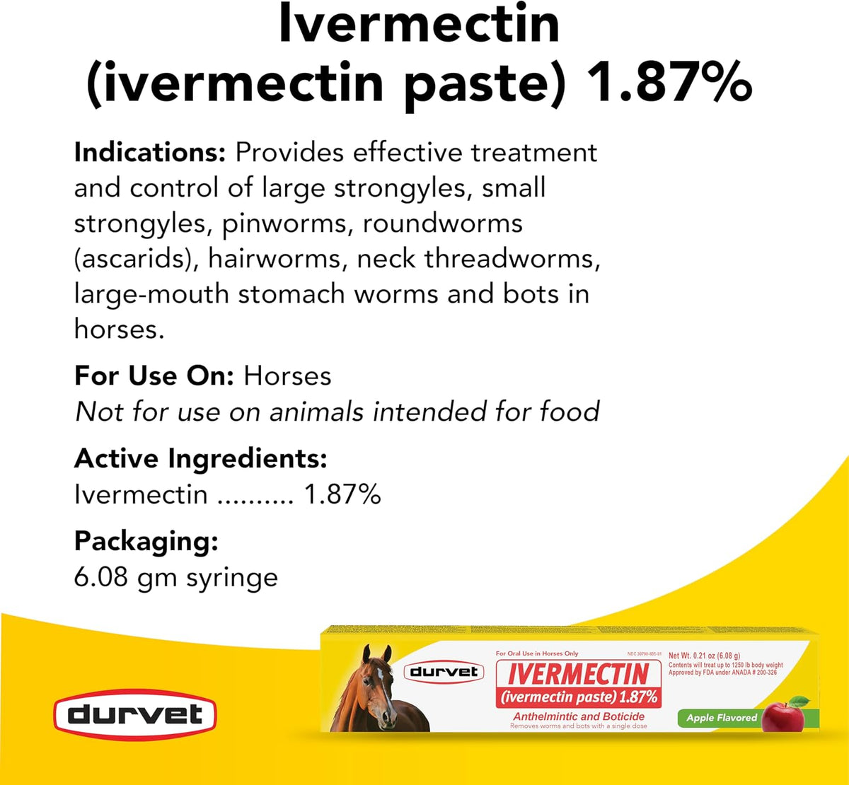 Ivermectin Paste 1.87% Horse Dewormer - Apple Flavored Oral Syringe 6.08g Tube