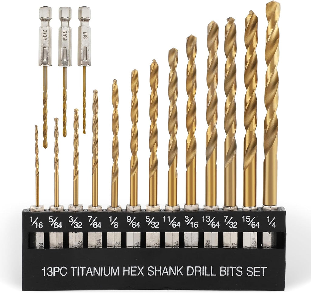 COMOWARE Titanium Twist Drill Bit Set 16 Pcs, 1/16"-1/4, Hex Shank HSS